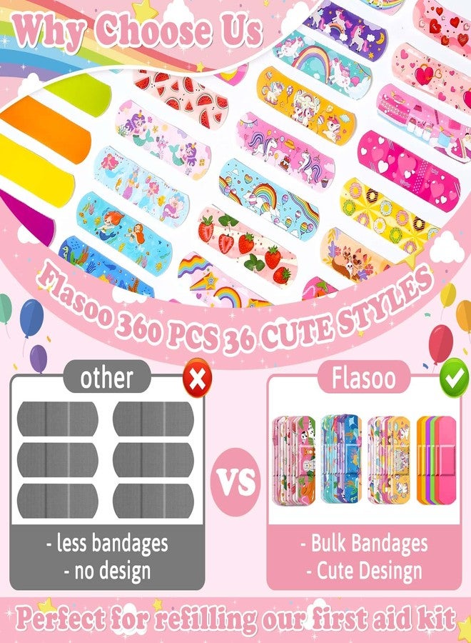 Flasoo 360 Pcs Kids Cartoon Bandages 36 Styles Girls Bandages Fun Bandage Adhesive Flexible Mermaid Bandages Variety Pack Waterproof Breathable Protect Scrapes for Girls Boys Children Toddlers - Image 2